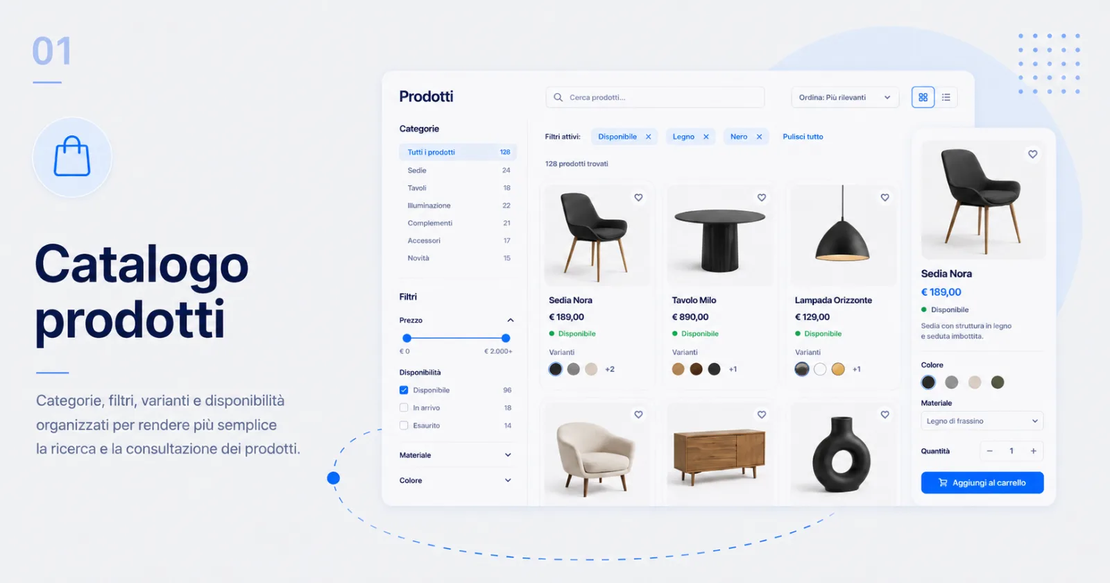 Catalogo prodotti con categorie, filtri, varianti e disponibilità